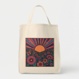 Tote Bag Conception de champ de fleurs rétro soleil des ann