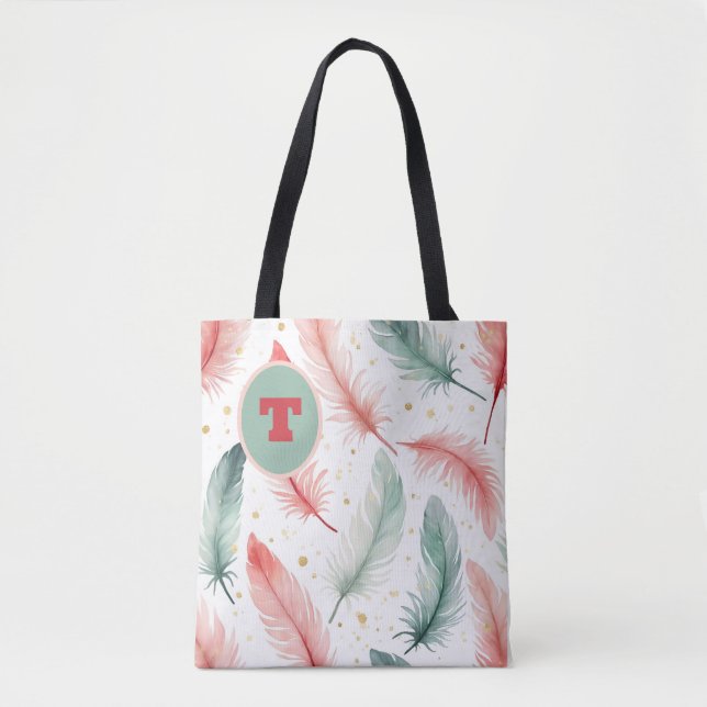 Tote Bag Conception de la plume Monogramme en rouge, vert e (Devant)