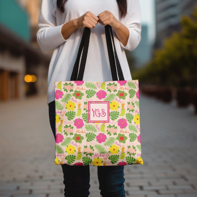 Tote Bag Conception de monogramme de Hula hawaïenne joueuse (Tropical Monogram Hawaiian Flower Aloha Hula Woman Tote Bag)