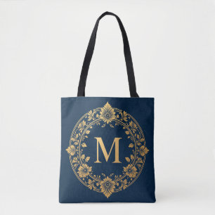 Tote Bag Conception de monogramme floral or élégant