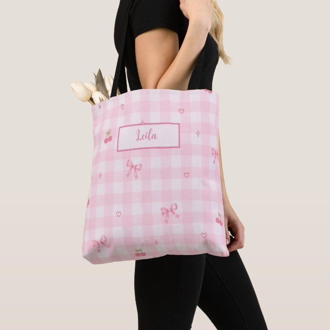 Tote Bag Conception de nom de script à nœud cerise en vichy (De près)