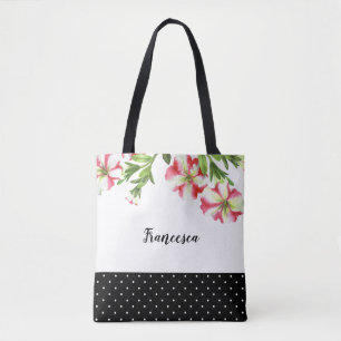 Tote Bag Conception florale de pétunias roses et blancs à l