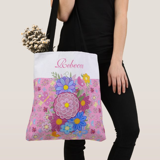 Tote Bag Conception florale papillon fleurs sauvages monogr (De près)