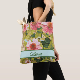 Tote Bag Confleurs roses du jardin Nom Feuille Personnalisé
