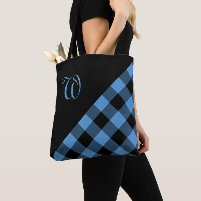 Tote Bag Contrôle bleu de Buffalo noir de monogramme chic (De près)