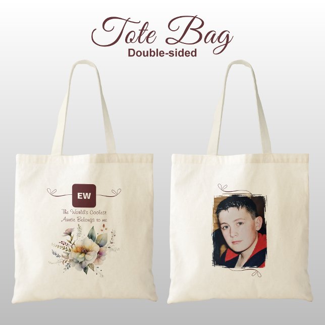 Tote Bag Cool Auntie ajouter photo initiales floral bordeau (Créateur téléchargé)