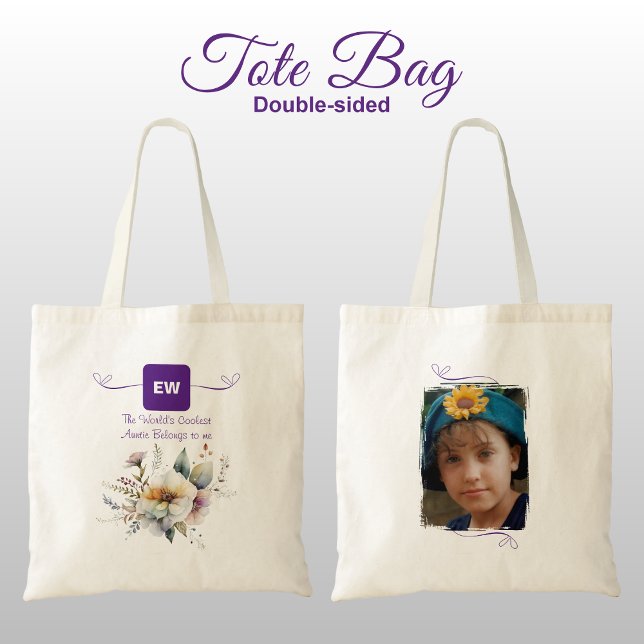 Tote Bag Cool Auntie ajouter photo initiales floral violet (Créateur téléchargé)