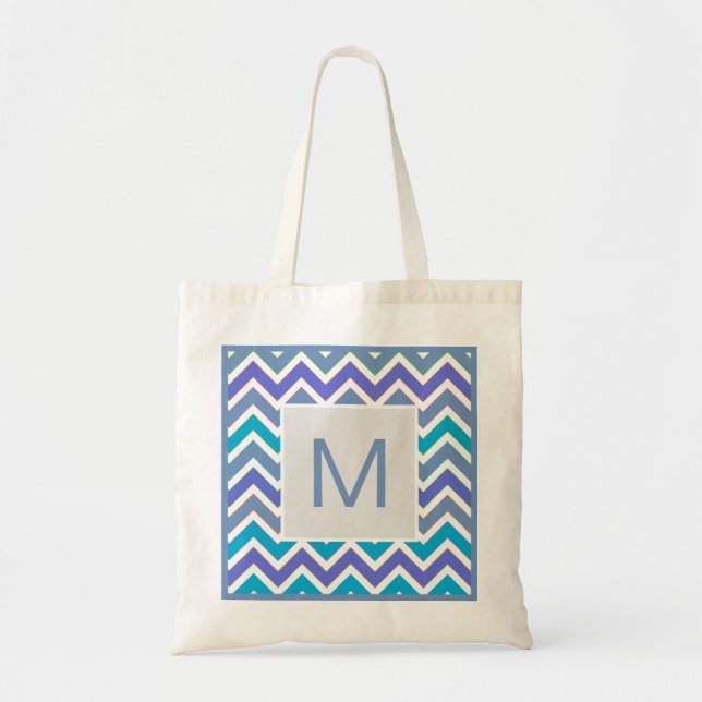 Tote Bag Cool Blue Sporty Chevron Motif Monogramme (Devant)