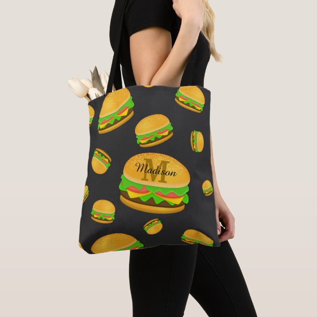 Tote Bag Cool et amusant yummy burger motif Monogramme (De près)