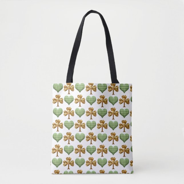 Tote Bag Cool Gold Shamrock Vert Coeurs blancs St.Patrick (Devant)