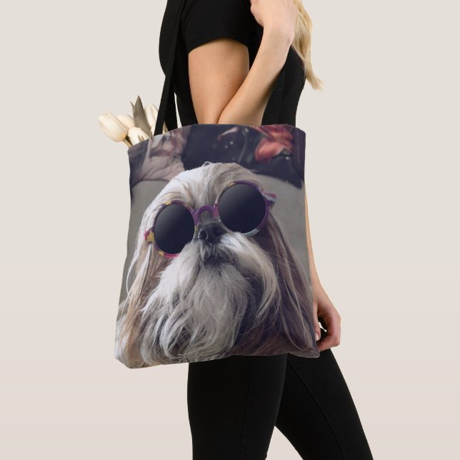 Tote Bag Cool Shih Tzu cheveux longs Lunettes de soleil vin (De près)