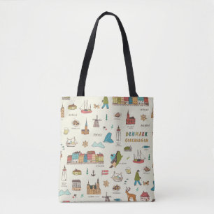Tote Bag Copenhagen Doodles, Danemark Motif Vintage.