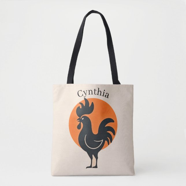 Tote Bag Coq comique avec soleil orange (Devant)