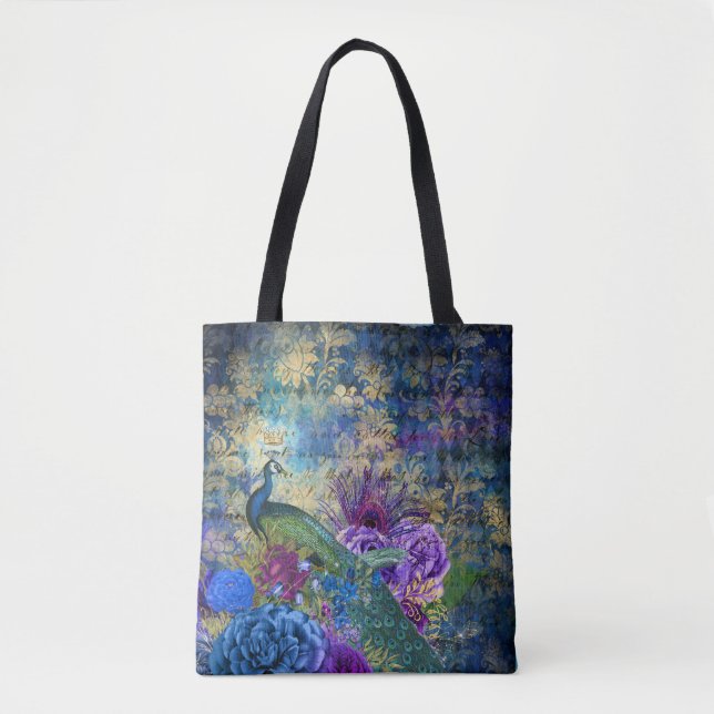 Tote Bag Coq couronné sur la flore violette bleue (Devant)