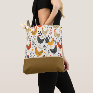 Tote Bag Coqs et Poules Style Doodle Bloc de Couleurs
