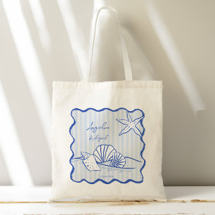 Tote Bag Coquillages bleu ondulé bordé plage bridesservante