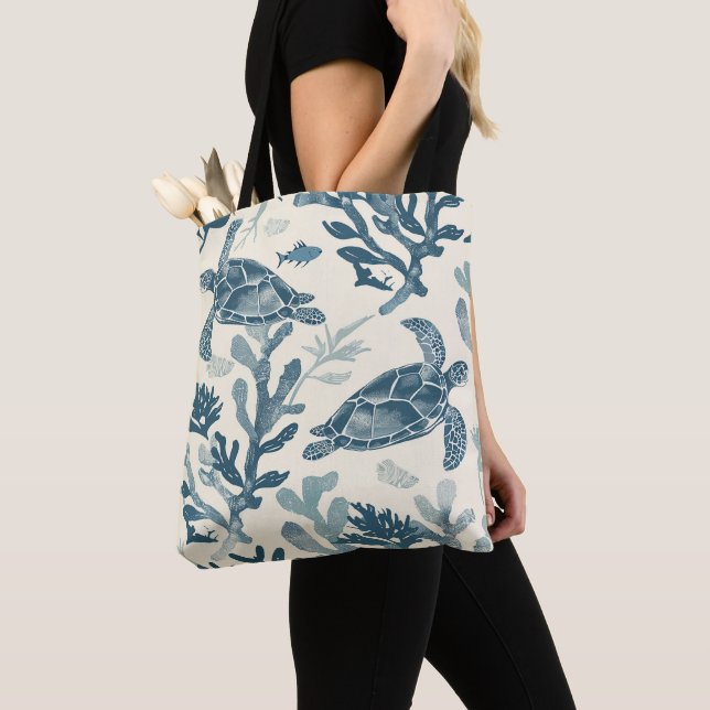 Tote Bag Corail bleu Feuille Art (De près)