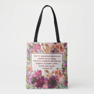 Tote Bag Corail Bourgogne Aquarelle Florale Bible Chrétienn
