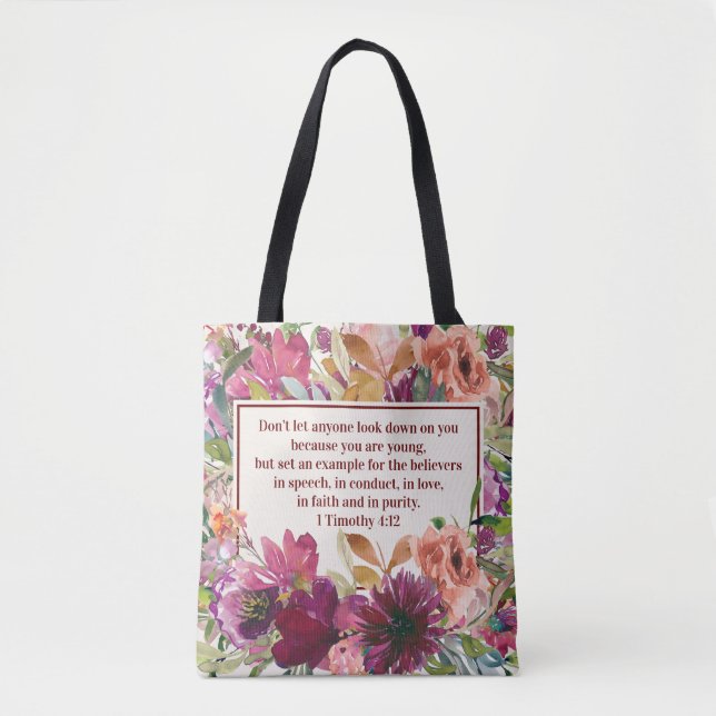 Tote Bag Corail Bourgogne Aquarelle Florale Bible Chrétienn (Devant)