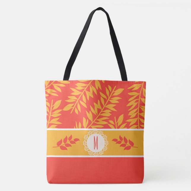 Tote Bag Corail monogramme et cabane d'été jaune (Devant)