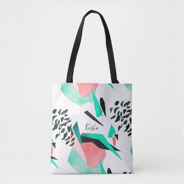 Tote Bag Corail noir et Aqua Abstrait avec nom (Devant)