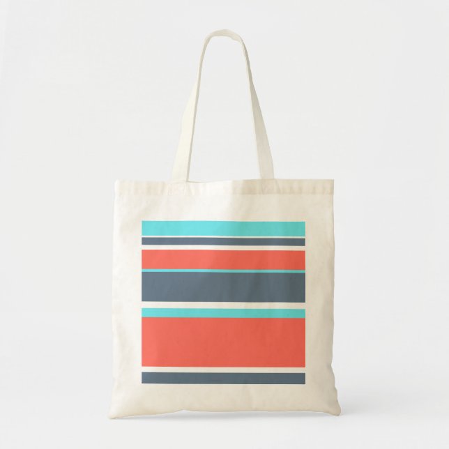 Tote Bag Corail vivant, bandes bleues et grises (Devant)