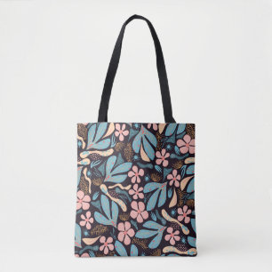 Tote Bag Coral Blue Floral Dark Print