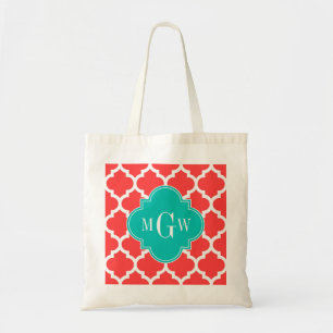 Tote Bag Coral Red Wht Moroccan #5 Teal 3 Initial Monogram