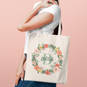 Tote Bag Coral rose Floral Verdure Monogramme Wreath