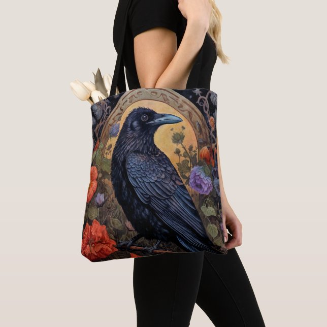 Tote Bag Corbeau noir avec fleurs Design gothique (De près)