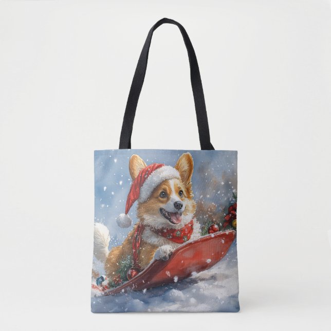 Tote Bag Corgi Dog in Sledge laissez passer Noël (Devant)