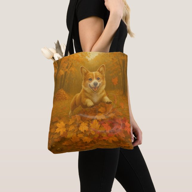 Tote Bag Corgi Leaf Leap (De près)