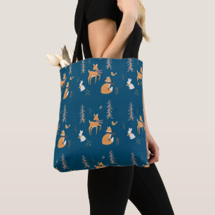 Tote Bag Cosy Winter Woodland Animaux Folk Art on Blue