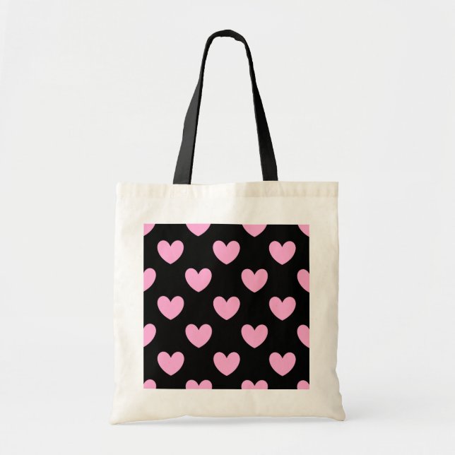 Tote Bag Coton Candy Pink coeurs de polka sur noir (Devant)