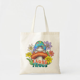 Tote Bag Cottage Core I Love Frogs Champignons