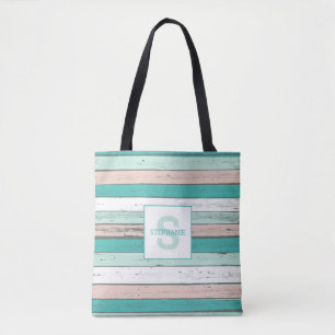 Tote Bag Cottage de plage tropical Monogramme de bois rusti