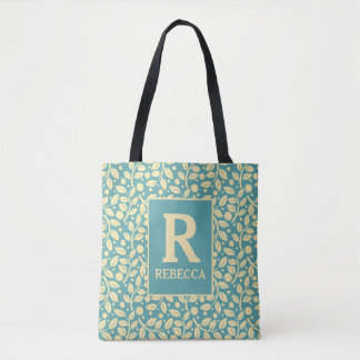 Tote Bag Cottage vintage bleu et feuille de crème