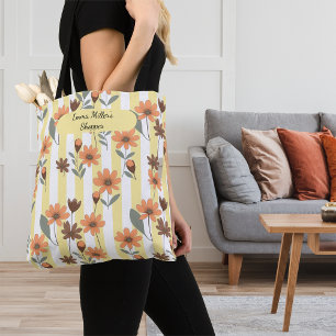 Tote Bag Cottagecore Fall Blossom on Stripes Nom personnali