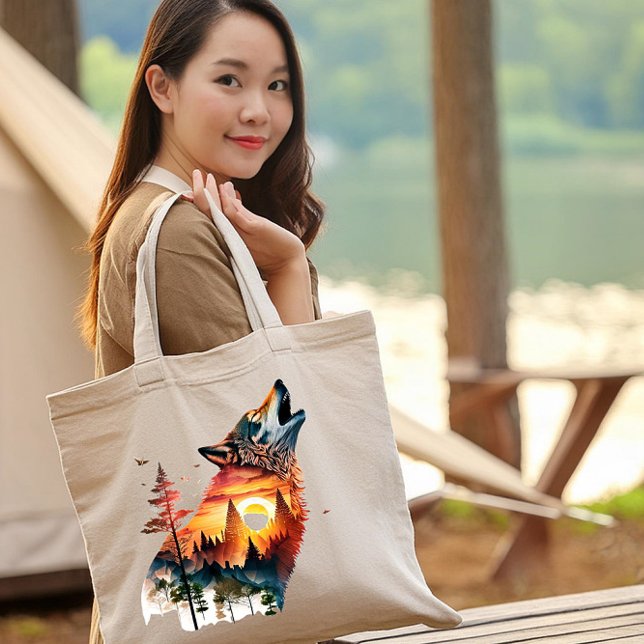 Tote Bag Coucher de soleil à double exposition du loup hurl (Créateur téléchargé)
