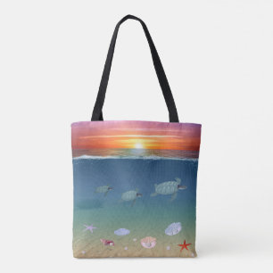 Tote Bag Coucher de soleil sur l'océan, nage tortues de mer