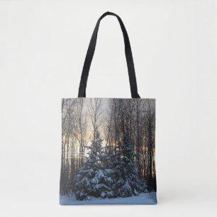 Tote Bag Coucher du soleil d'or d'hiver grand de sapin