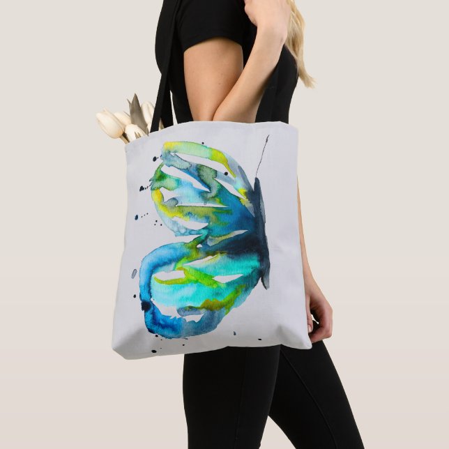Tote Bag Couleur d'aquarelle d'art papillon bleu (De près)