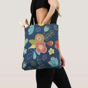 Tote Bag Couleur mignon motif floral bleu foncé