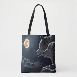 Tote Bag Couple de loup de nuit sur la Lune
