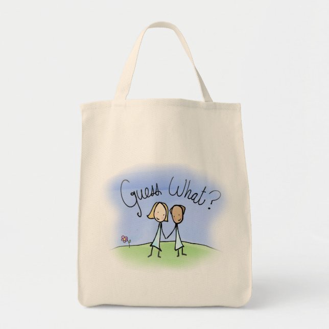 Tote Bag Couple Lesbienne mignonne Devinez quoi (Devant)