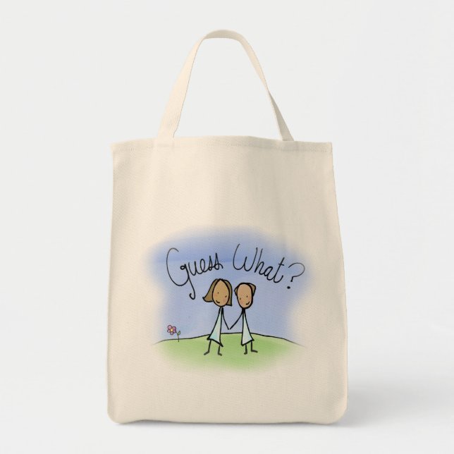 Tote Bag Couple Lesbienne mignonne Devinez quoi (Devant)