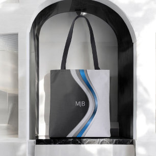 Tote Bag Courbes modernes en noir blanc et bleu avec Monogr