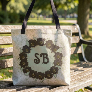 Tote Bag Couronne de fleurs marron chocolat sur fond vert t