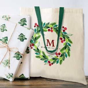 Tote Bag Couronne de monogramme aux baies et houx à l'aquar
