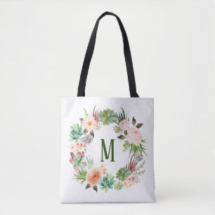 Tote Bag Couronne de monogramme de succulentes à l'aquarell